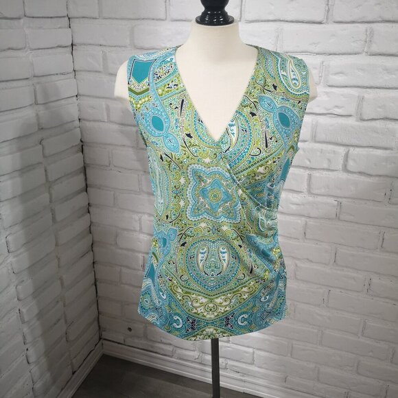 Jones New York Signature Ladies Size Large Green Teal White & Black Pattern Top - Picture 1 of 9